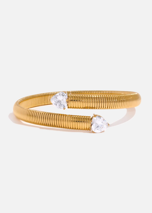 18k Gold Plated Stretch Heart Cubic Zirconia Bracelet Bangle