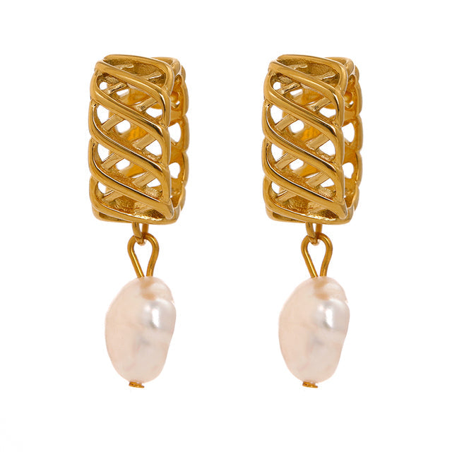 ISLA 18k Gold Plated Freshwater Pearl Drop Textured Hoop Earrings