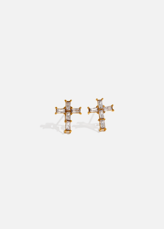 18k Gold Plated Mini Cross Cubic Zirconia Earrings
