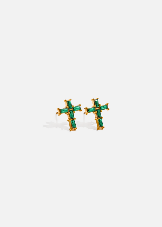 18k Gold Plated Cross Emerald Green Cubic Zirconia Earrings