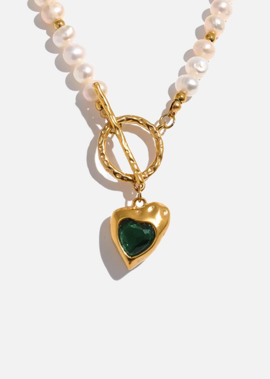 18k Gold Plated Freshwater Pearl Heart Emerald Green Cubic Zirconia Pendant Necklace