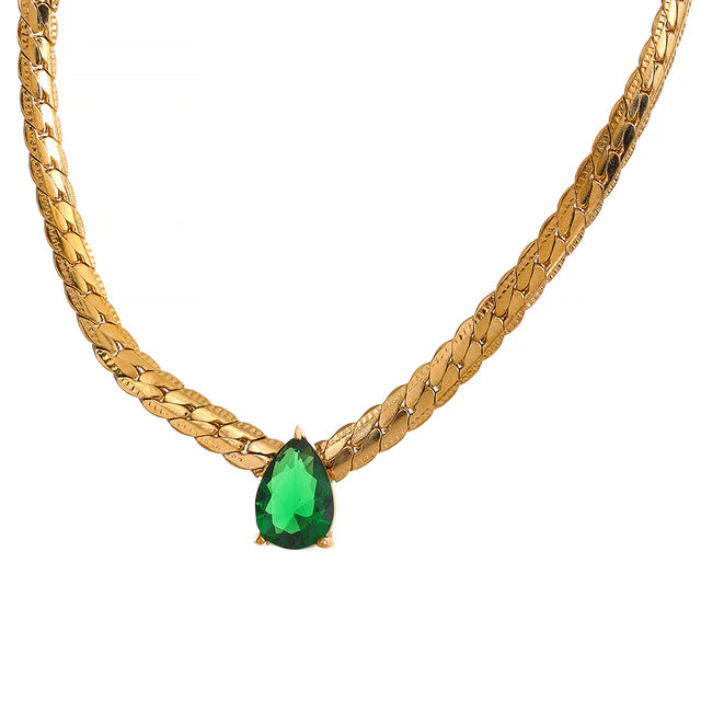 MELA 18K Gold Plated Emerald Green Cubic Zirconia Chain Necklace