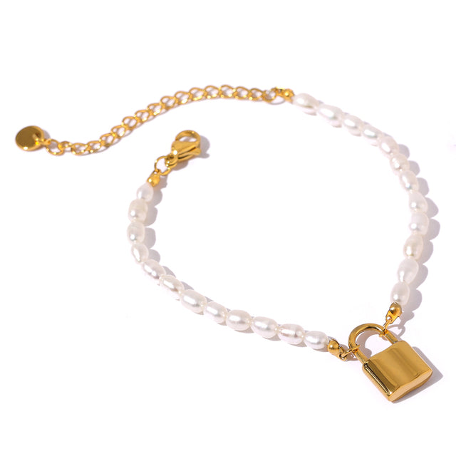 NAYA 18K Gold Plated Lock Charm Bracelet Freshwater Pearls