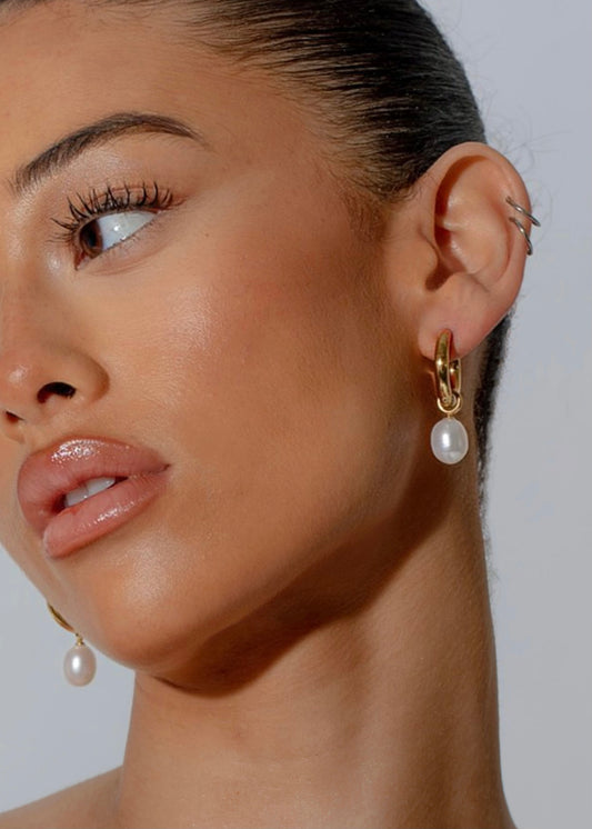 18k Gold Plated Natural Pearl Drop Hoop Earrings